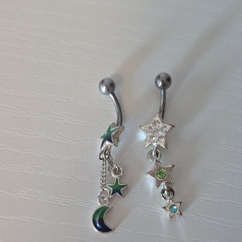Silver Star and Moon Belly Rings Dangle Green Sparkle